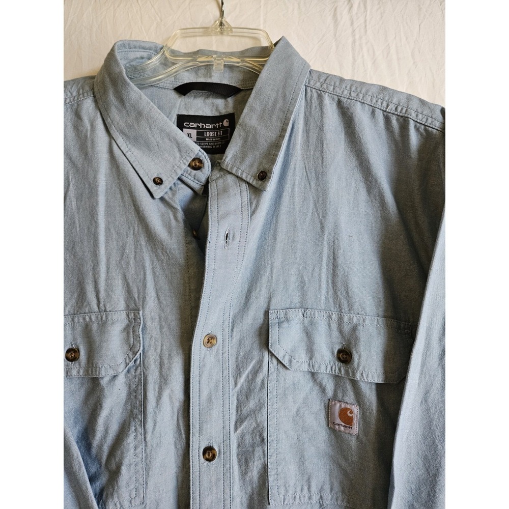 Carhartt Button Down Mens XL Blue Loose Fit Long‎ Sleeve Chambray Work Shirt